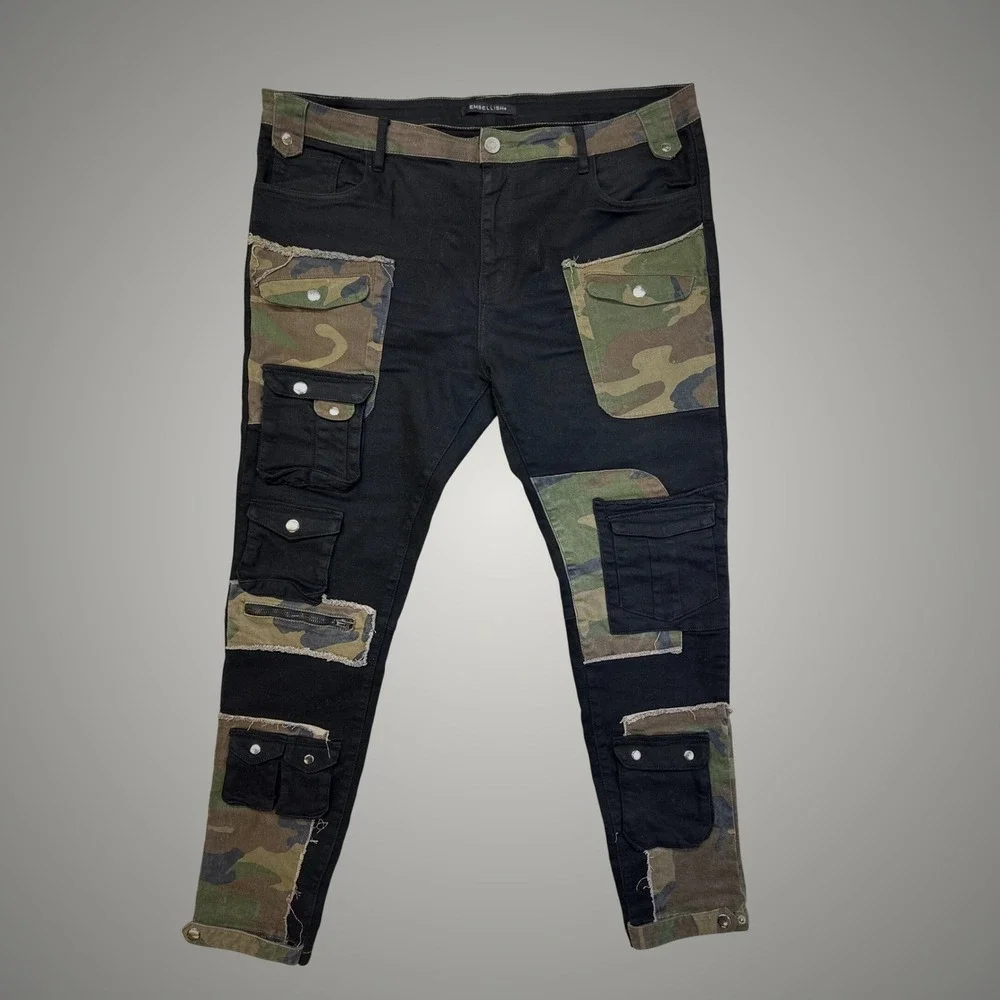 Embellish Cargo Pants Mens 42 Black Camo Patchwork Distressed Tapered Streetwear